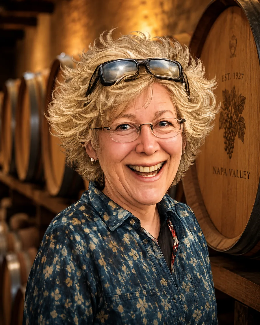 The calculator's creator in a wine cellar with oak barrels
